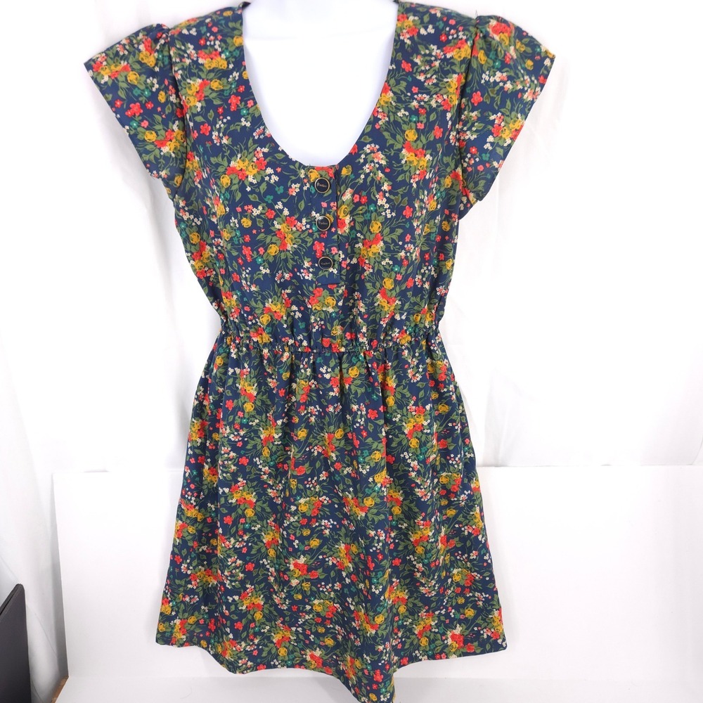 Women Blue Floral Flutter Sleeve Elastic Waist Mini Dress M cottagecore pullover